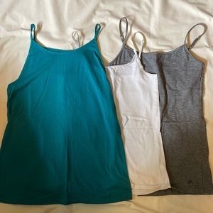 Three camis teal, white, and grey